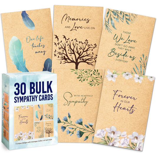 30 Sympathy Cards Assortment Box with Envelopes - 4x6” Kraft Style Bulk Condolence Cards - Assorted Sympathy Cards With Heartfelt Messages Inside for Funeral