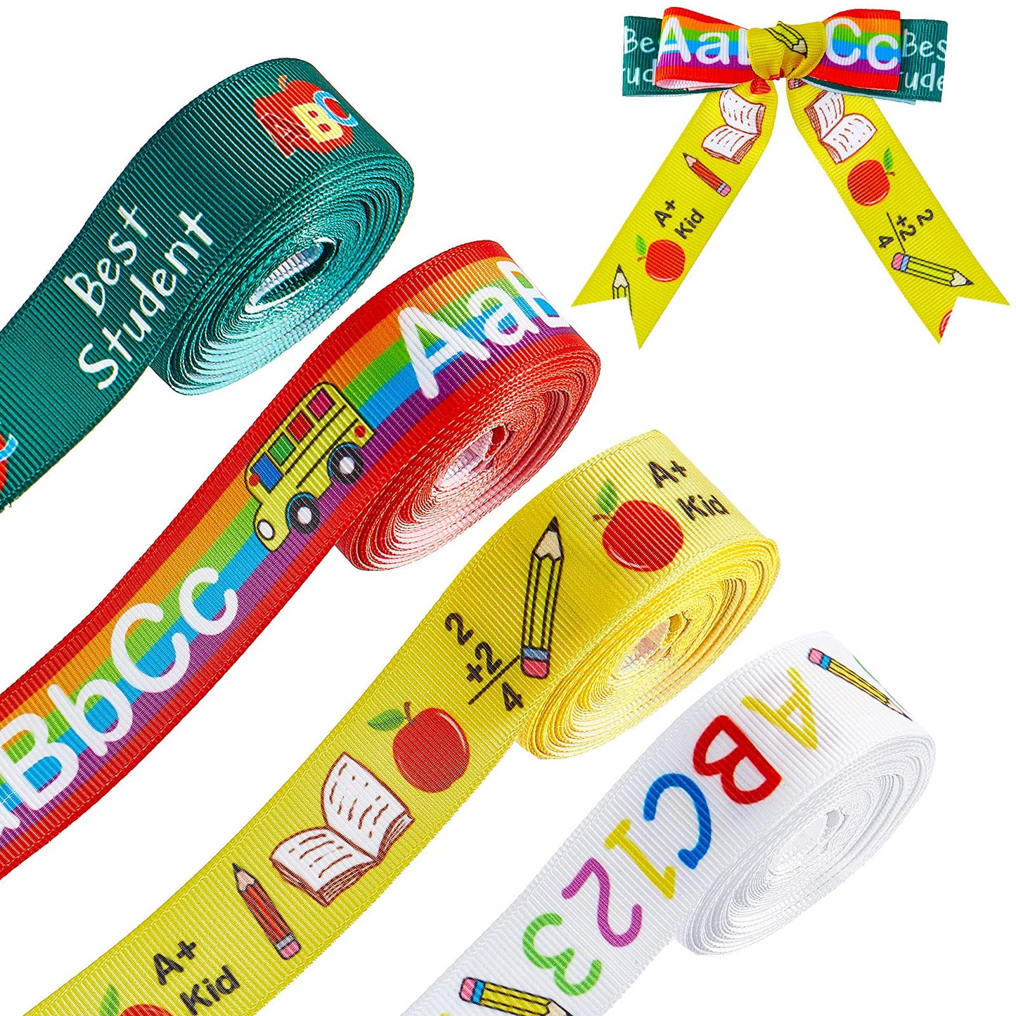 4 Rolls/ 20 Yards Back to School Ribbons School Rock Grosgrain Ribbons School Themed Ribbon School Pattern Wrapping Ribbon for Teacher Appreciation Gift Wreath All Crafting and Sewing, 4 Styles