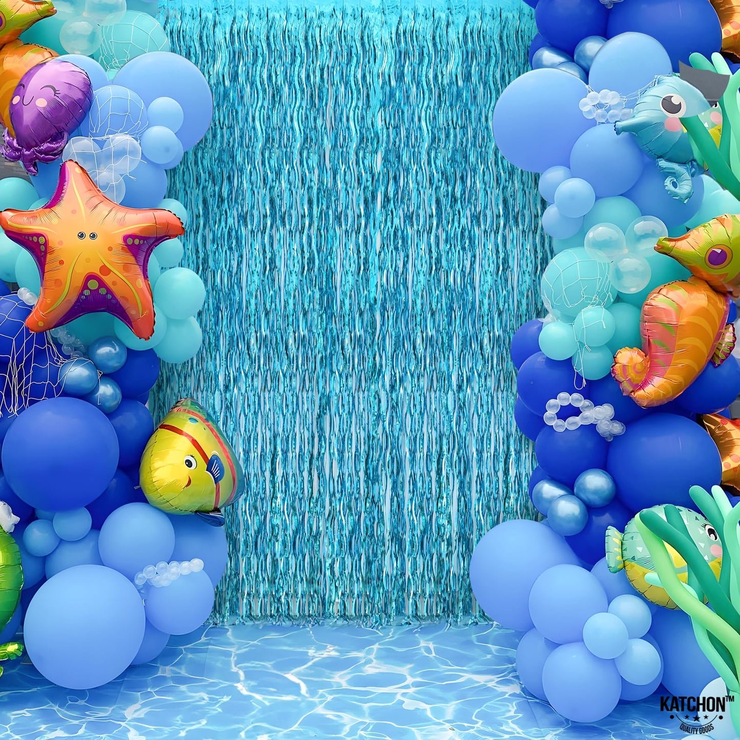 KatchOn, XtraLarge, Wavy Blue Foil Fringe Curtain - 3.2x6.5 Feet, Pack of 2 | Blue Water Beach Backdrop for Beach Party Decorations | Under The Sea Party Decorations | Summer Pool Party Decorations