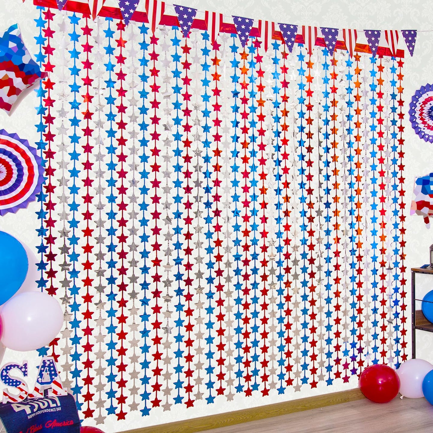 LOLStar 4th of July Decorations,Red White and Blue 3 Pack Star Tinsel Foil Fringe Curtains,Independence Day Photo Booth Prop Streamer Backdrop for America Patriotic Party,Memorial Day,Labor Day