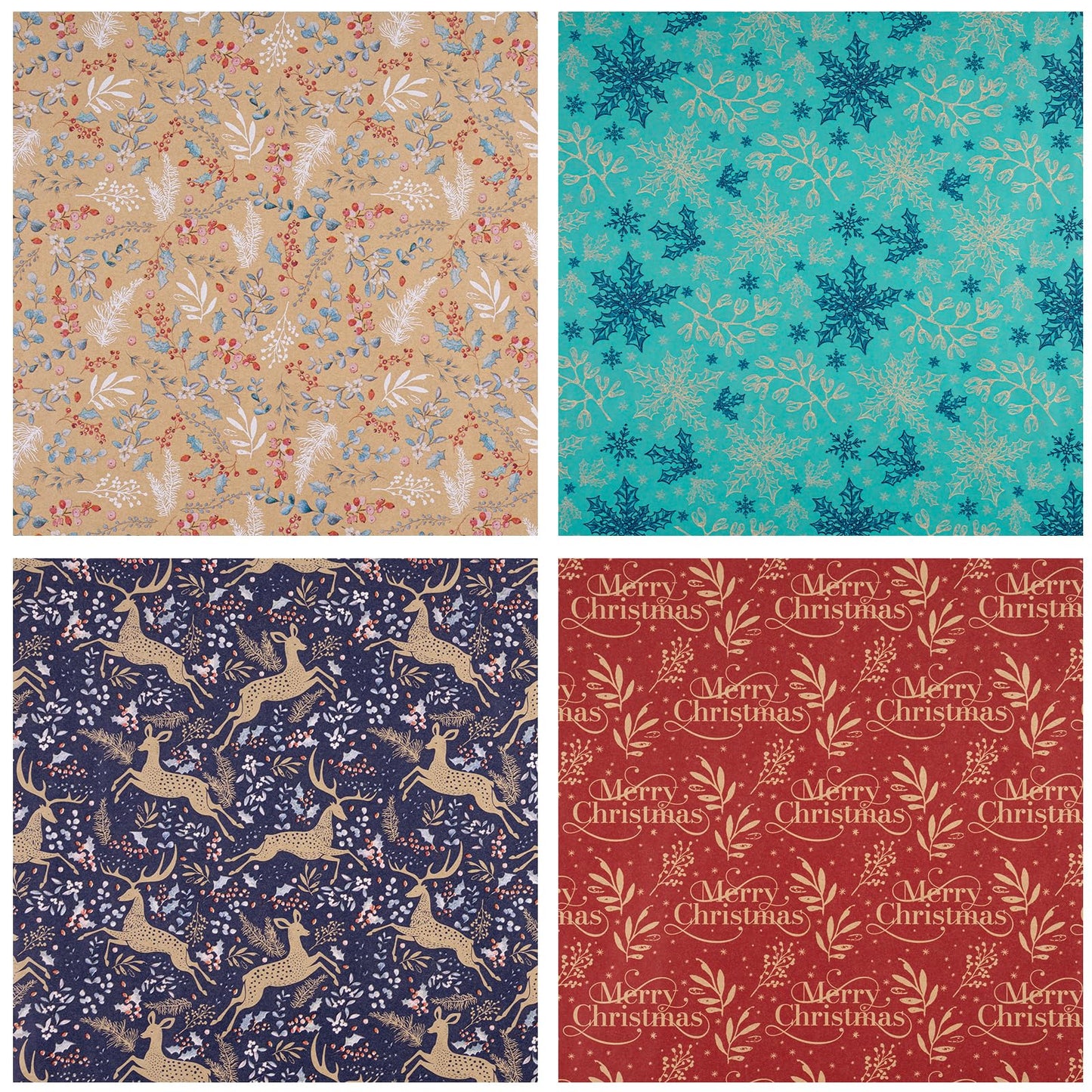 Christmas Kraft Wrapping Paper - Reindeer, Berry Leaf and Text Design - 4 Rolls - 30 inches x 10 feet per Roll