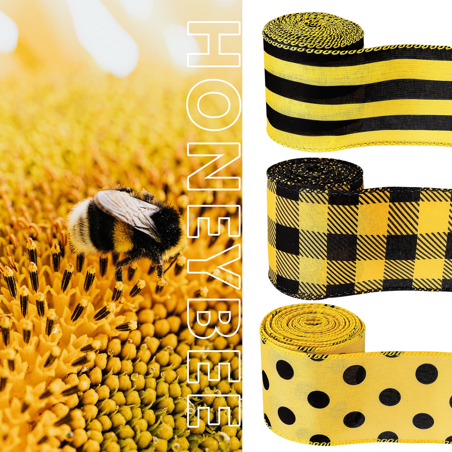 3 Pack 18 Yard Bumble Bee Ribbon Wired Polka Dot Wired Edge Ribbon Bee Vertical Stripe Craft Ribbon Decorative Ribbon for Wrapping, Party Decoration, Hair Bows, Crafting and Sewing
