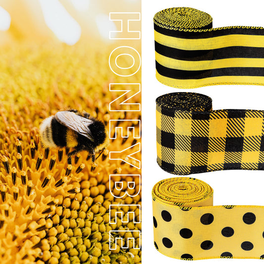 3 Pack 18 Yard Bumble Bee Ribbon Wired Polka Dot Wired Edge Ribbon Bee Vertical Stripe Craft Ribbon Decorative Ribbon for Wrapping, Party Decoration, Hair Bows, Crafting and Sewing