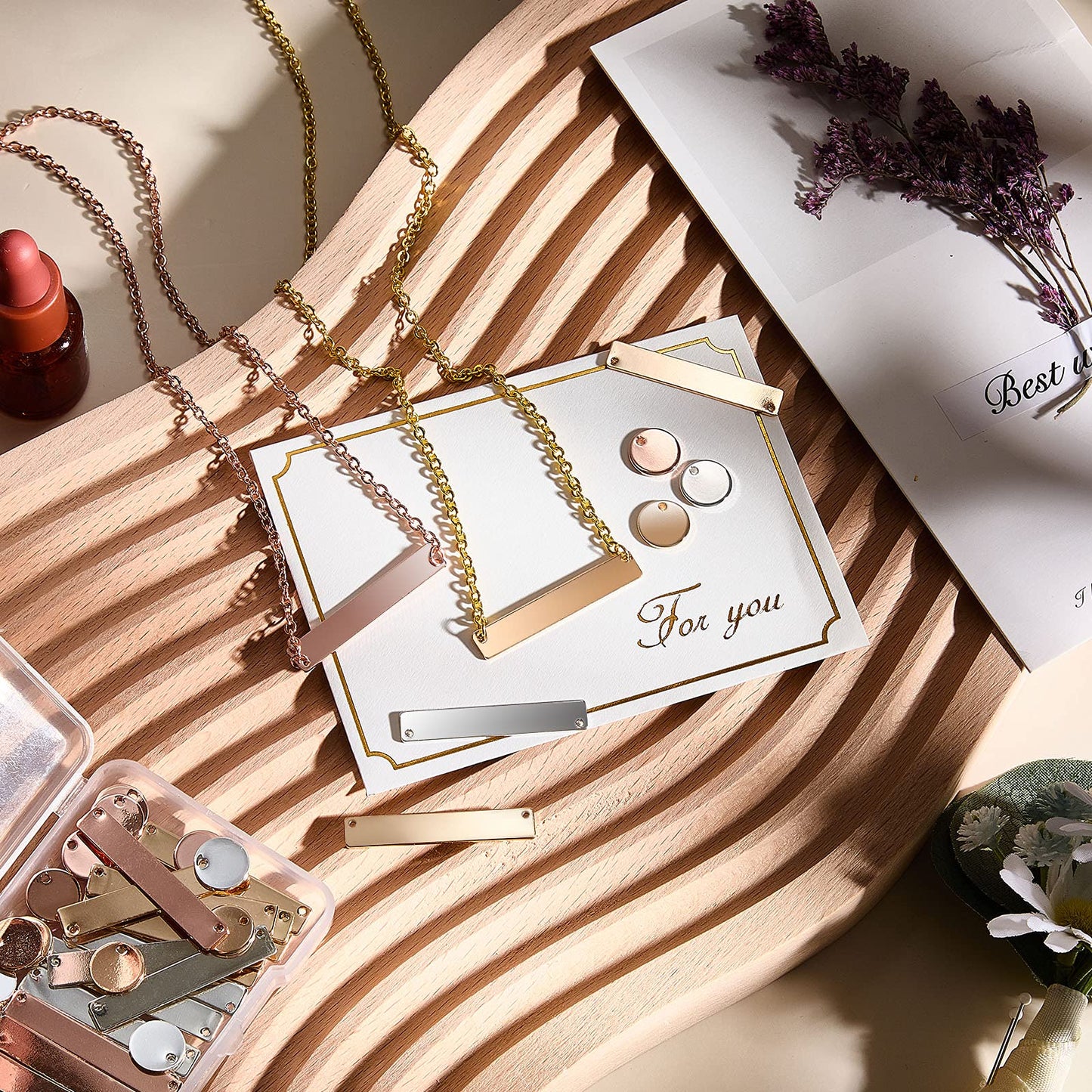 30 Pcs Metal Stamping Blank Tag Pendants for Jewelry Engraving includes 15 Rectangle Stamping Blank Bar Charms Brass Tag, 15 Round Blank Name Pendant for DIY Craft