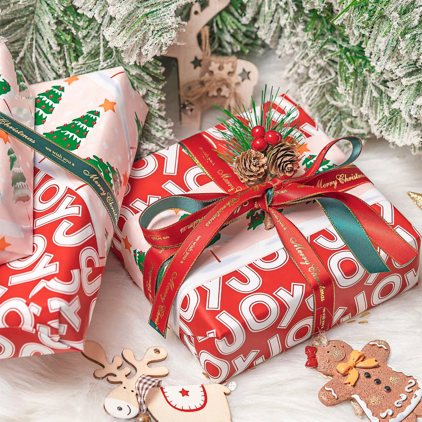 Reversible Christmas Wrapping Paper - Mini Roll - 17 Inch x 33 Feet - Christmas Tree Wrapping Paper with Joy Lettering Perfect for Holiday, Party, Celebration