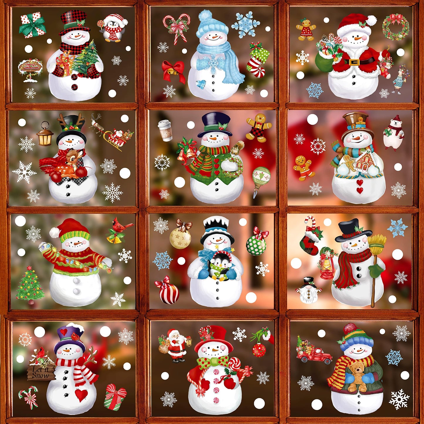 Christmas Window Clings 14 Sheets, Snowman Snowflake Decals Stickers, Christmas Removable Window Decorations for Glass Windows Xmas Holiday Home Office Decor, 12 Styles