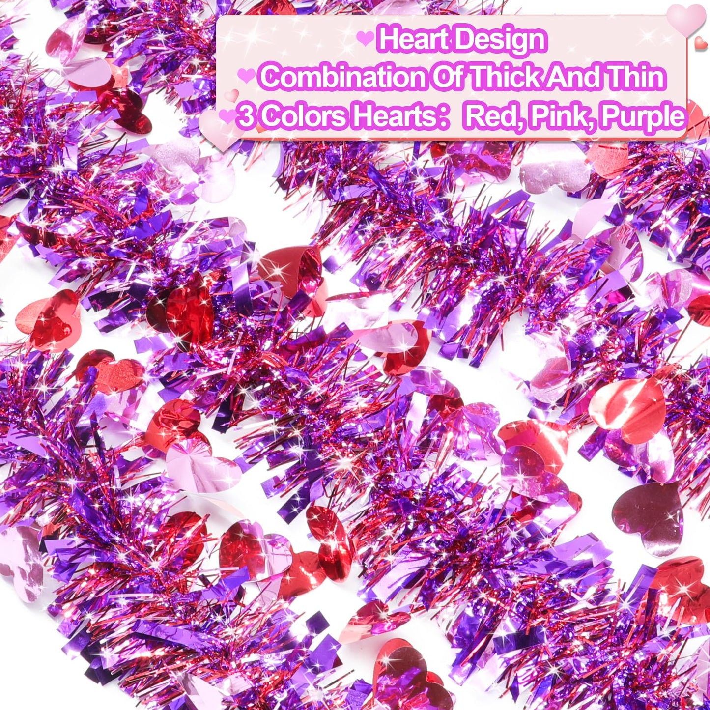 TURNMEON 33 Feet Valentines Day Decorations Heart Tinsel Garland, Red Pink Purple Metallic Garland Valentines Day Garland Decorations for Tree Home Indoor Outdoor Wedding Hanging Galentine's Day Decor