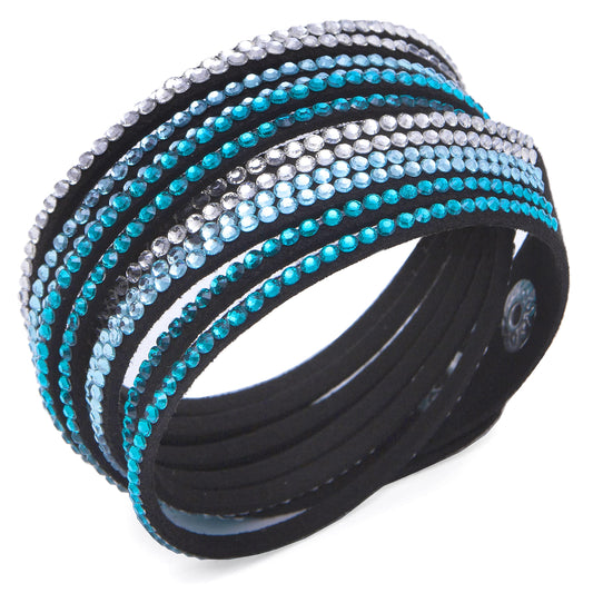 Barzel Leather Created Austrian Crystals Wrap Bracelets (Black with Blue & White Stones)