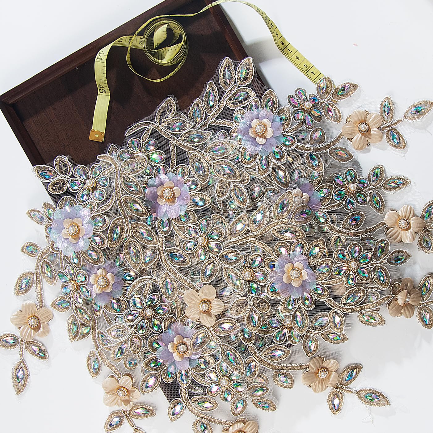 Silvora Pair Embroidered Beaded Pearl Flower Fabric Colorful Rhinestones Applique, Handmade Sewing Tool for Wedding Dress Gown Bodice Costume Clothing Craft DIY