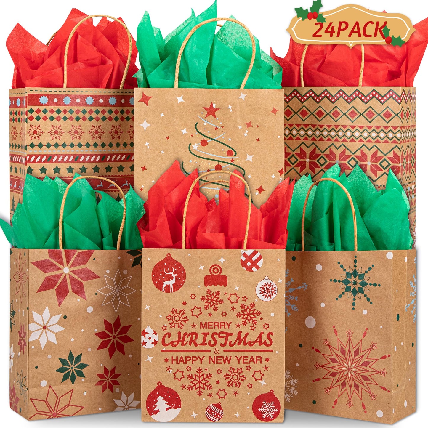 24 Christmas Kraft Gift Bags 7x 8.6 x 3 with 24 Tissue Papers for Xmas Exchange, Party Favors Paper Goodie Bags, Assorted Christmas Bags, Treat Bags