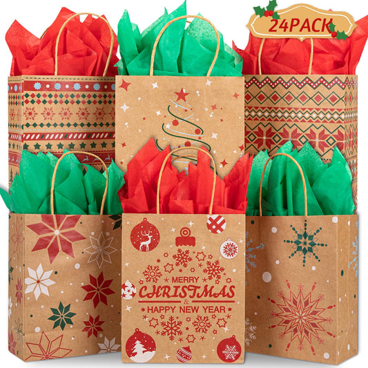 24 Christmas Kraft Gift Bags 7x 8.6 x 3 with 24 Tissue Papers for Xmas Exchange, Party Favors Paper Goodie Bags, Assorted Christmas Bags, Treat Bags