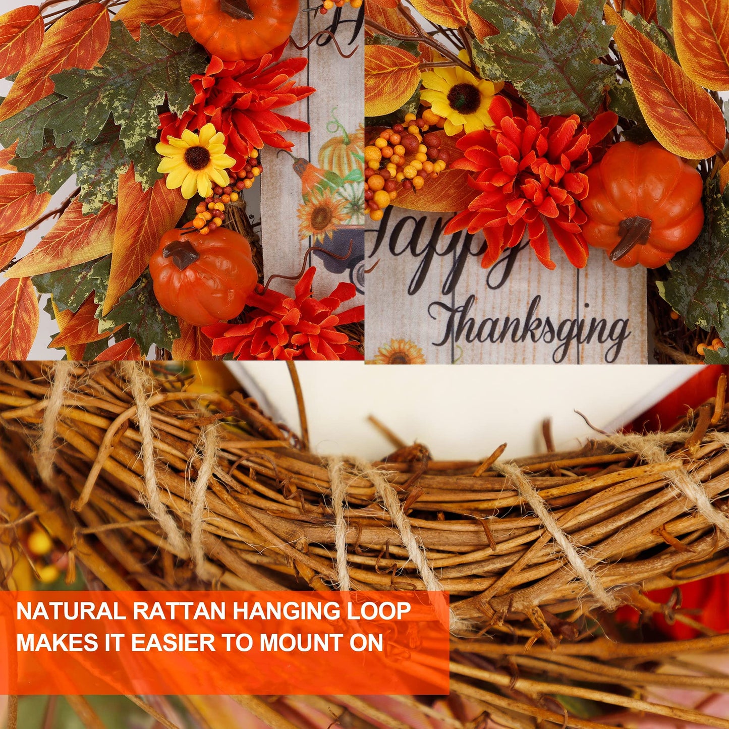 MAGGIFT Fall Wreath, 17 Inch Thanksgiving Wreaths for Front Door, with Artificial Maple Leaves, Sunflowers and Pumpkins, Ideal for Autumn Harvest Wall Indoor Outdoor Decorations