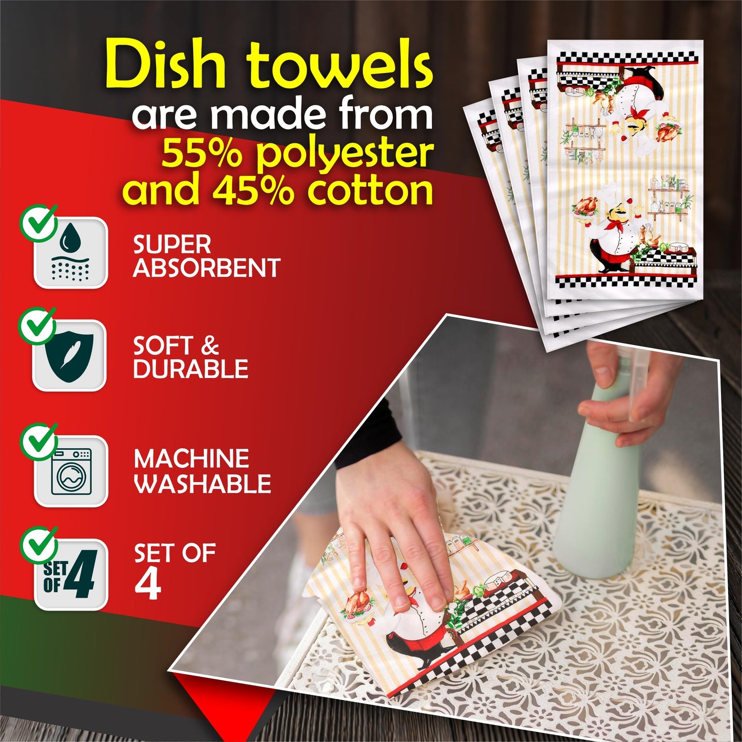 Lobyn 4-Pack Chef Dish Towels – Absorbent Lightweight Kitchen Towels 15x25, Decorative Cooking and Baking Kitchen Décor Towels