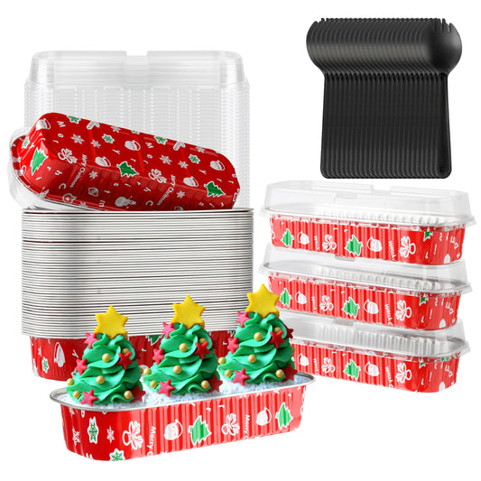 Cupcake Liners with Lids, 50PCS 6.8OZ Disposable Mini Cake Pans Disposable Aluminum Foil Baking Cups with Lids Aluminum Loaf Pans for Brithday,Red Christmas
