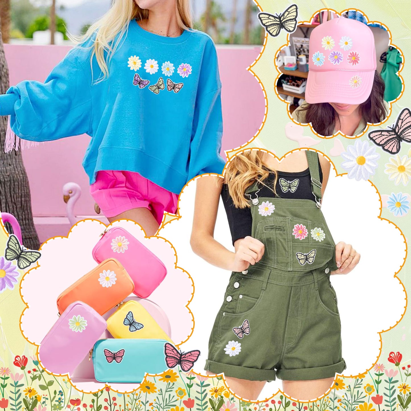 NICEVINYL Flower Iron on Patches for Clothing: 90pcs Multicolor Cute Daisy Flower Applique Patches Sew on Backpacks - Butterfly Embroidered Patches for Jeans Jackets Tote Bags Hats