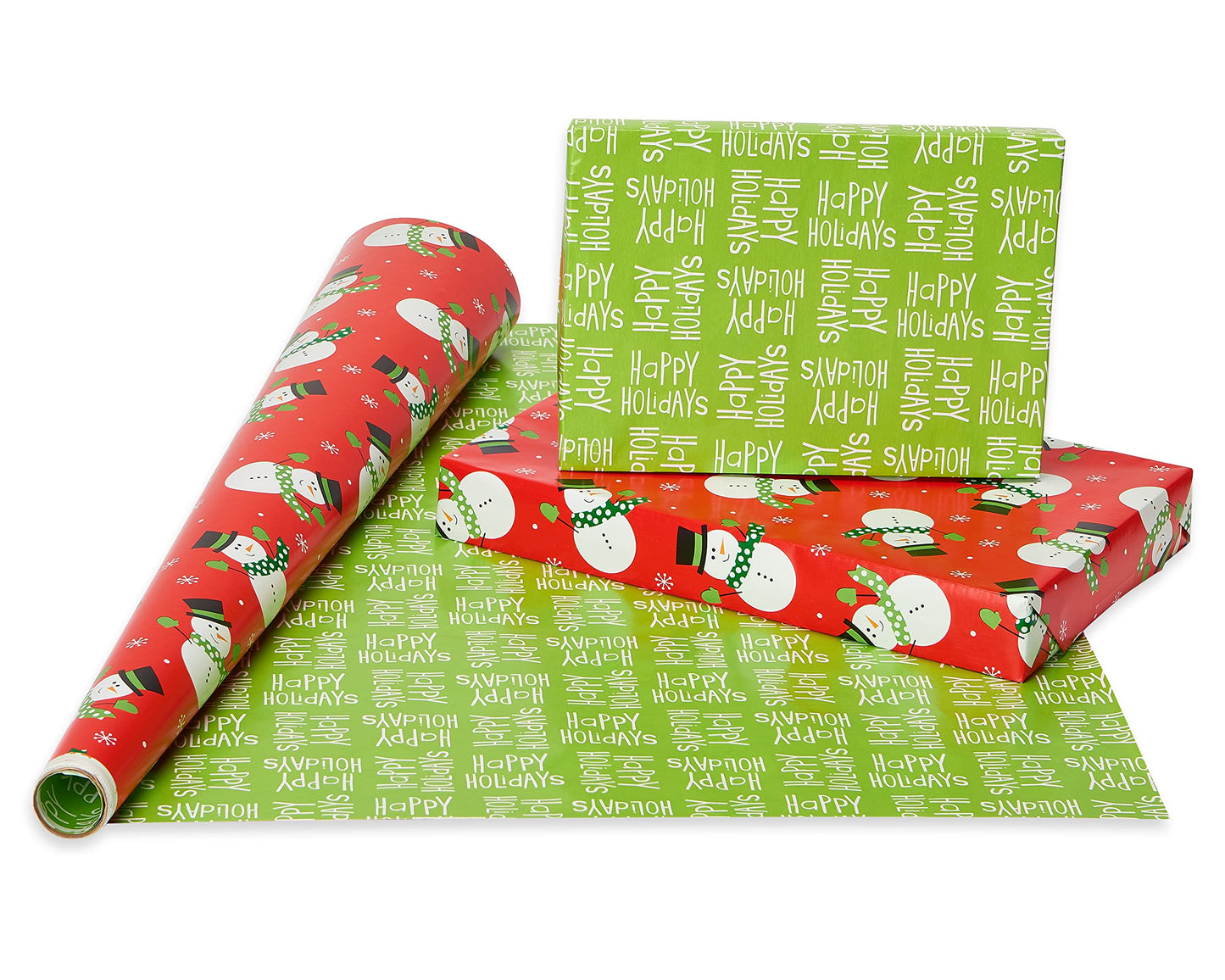 Reversible Christmas Wrapping Paper Rolls, Red and Green Holiday Gift Wrap (105 sq. ft., 4 Rolls-30 in. x 12 ft.) Polka Dots, Trees, Snowmen and Snowflakes