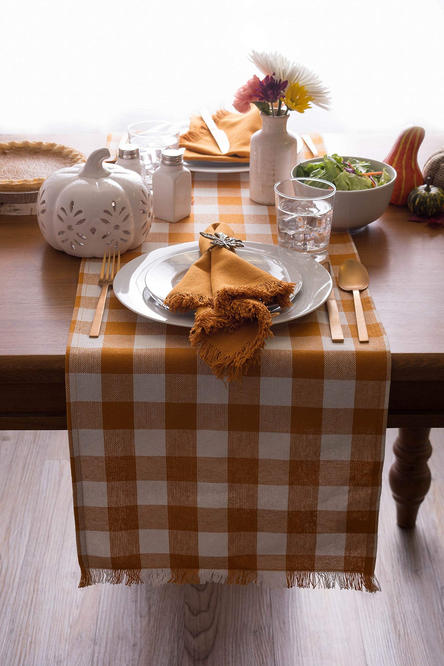 Heavyweight Fringed Check Tabletop Collection, Table Runner, 14x108, Pumpkin Spice