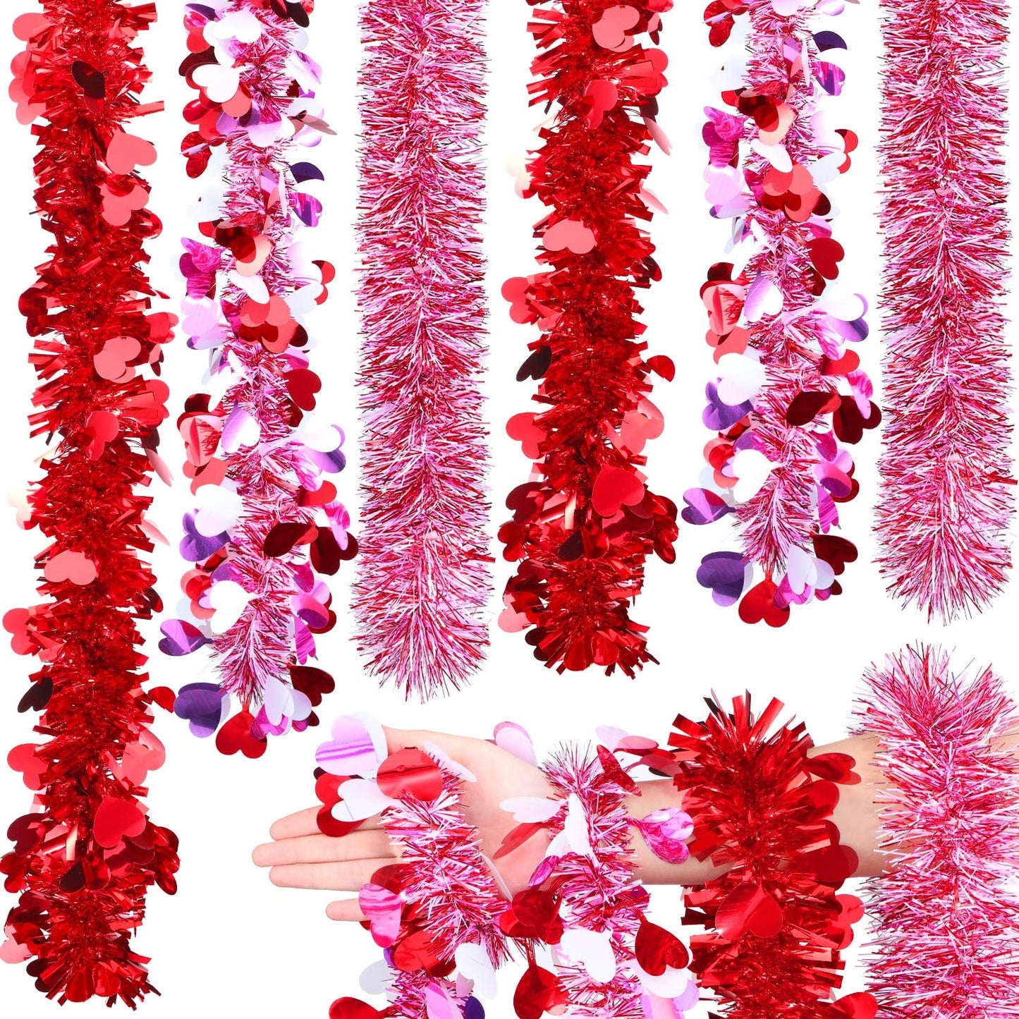 6 Pcs Valentine's Day Tinsel Garland Total 39Ft Red Heart Metallic Garland Decor Red and White Tinsel Garland Twist Garland Valentines Heart Tinsel Garland for Mantle Wedding Party Decoration Supply