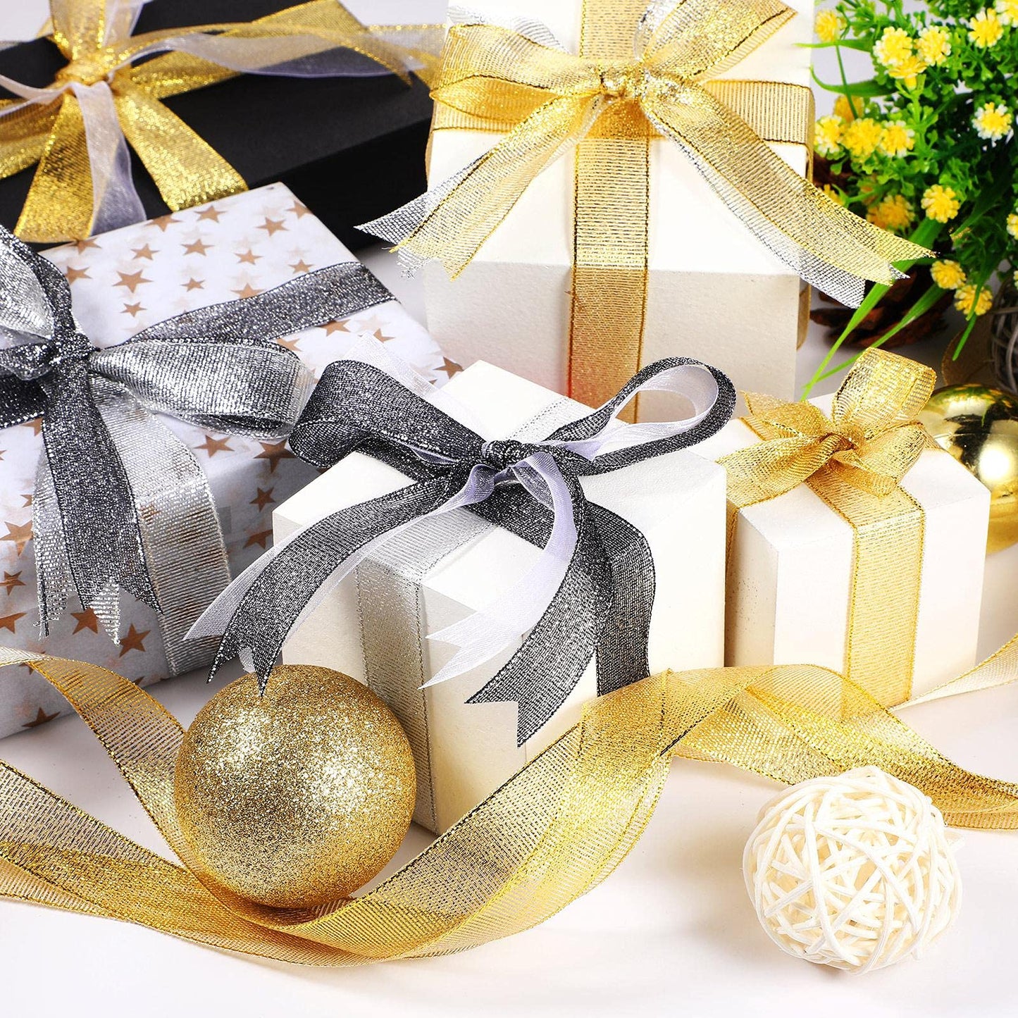 3 Rolls 25 Yards 4/5 Inch Glitter Metallic Ribbons and 1 Roll 50 Yards 4/5 Inch Organza Ribbon Golden Silver Glitter Ribbon for Gift Wrapping Wedding Birthday Party Christmas Decoration