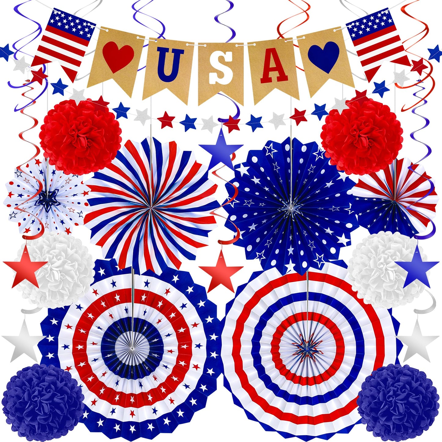 26 PCS 4th of July Decorations, 250th Memorial Day Red White Blue Paper Fans Decorations, 4th of July Banner Pompom Garland and Hanging Swirls Set for Fourth of July Independence Day Decor