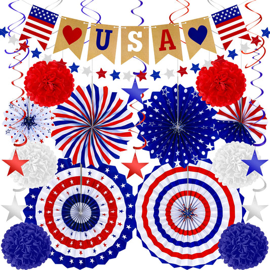 26 PCS 4th of July Decorations, 250th Memorial Day Red White Blue Paper Fans Decorations, 4th of July Banner Pompom Garland and Hanging Swirls Set for Fourth of July Independence Day Decor