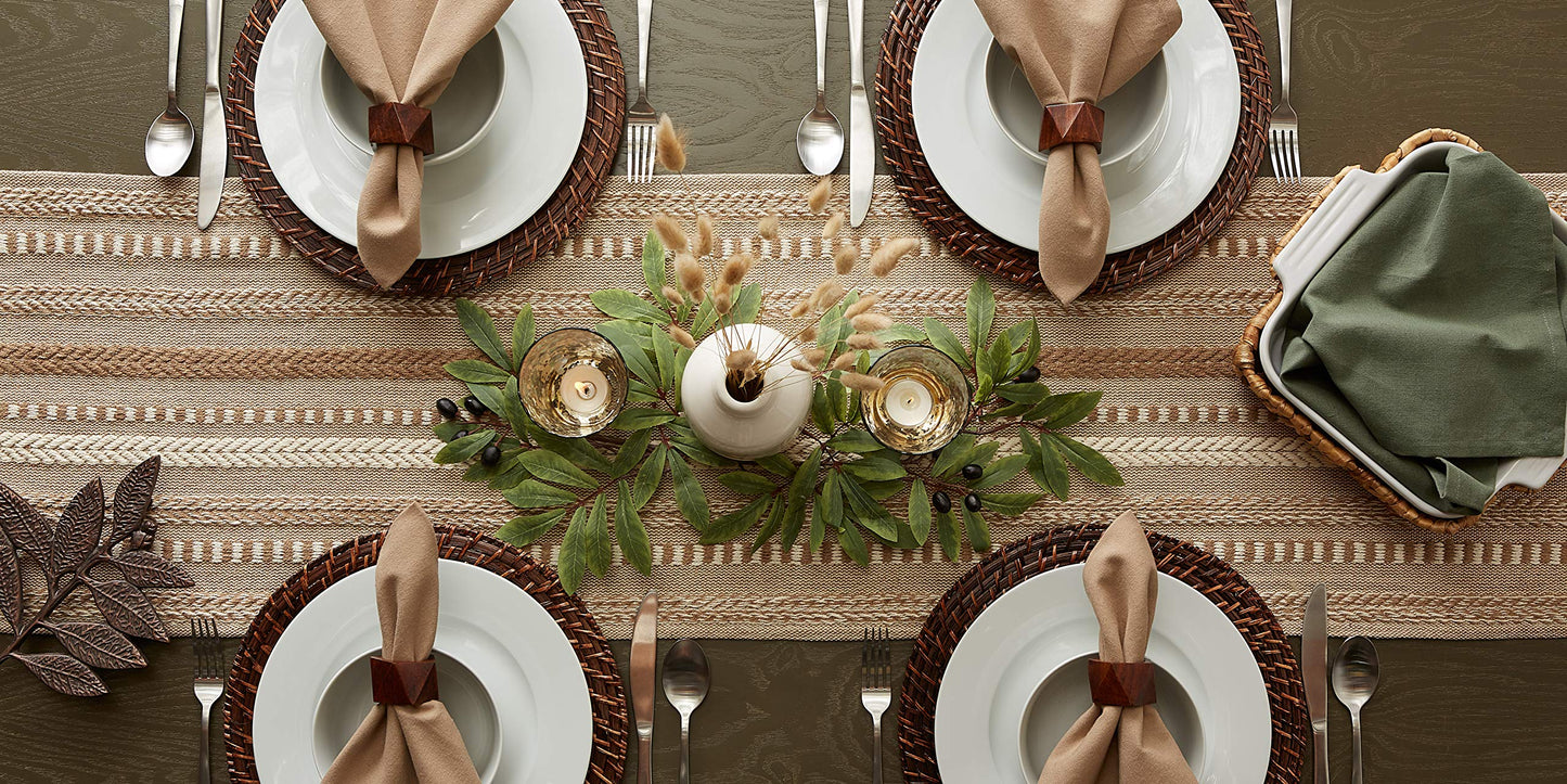 Farmhouse Braided Stripe Table Runner Collection, 15x72 (15x77, Fringe Included), Stone