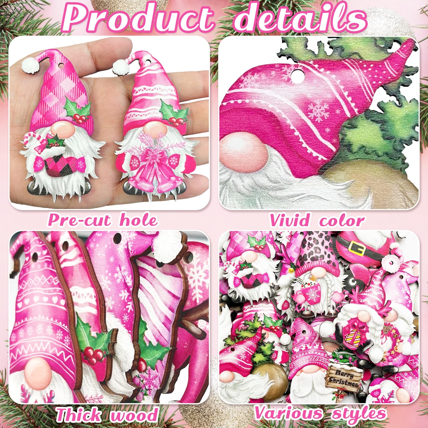 JOPHMO Christmas Wooden Hanging Ornaments, Wood Hanging Decor for Christmas Tree Decoration Gnome Santa Doll Wooden Hanging Craft Gnome Elf Party Supplies (Xmas-Gnomes-D)