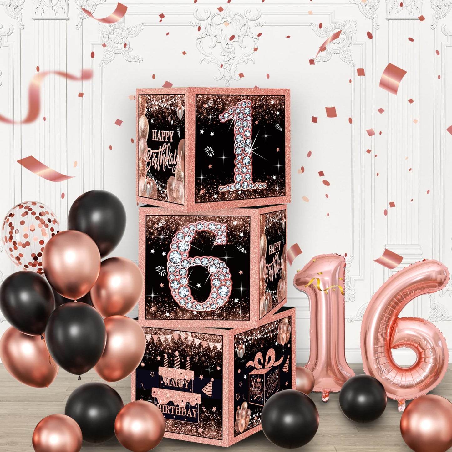 Rose Gold Sweet 16 Birthday Decorations for Girls - Sweet Sixteen Party Supplies Include 3pcs Balloon Boxes, Number 16 Foil Balloons, Fringe Curtains, Black Pink Garland Arch Kit - Photo Props