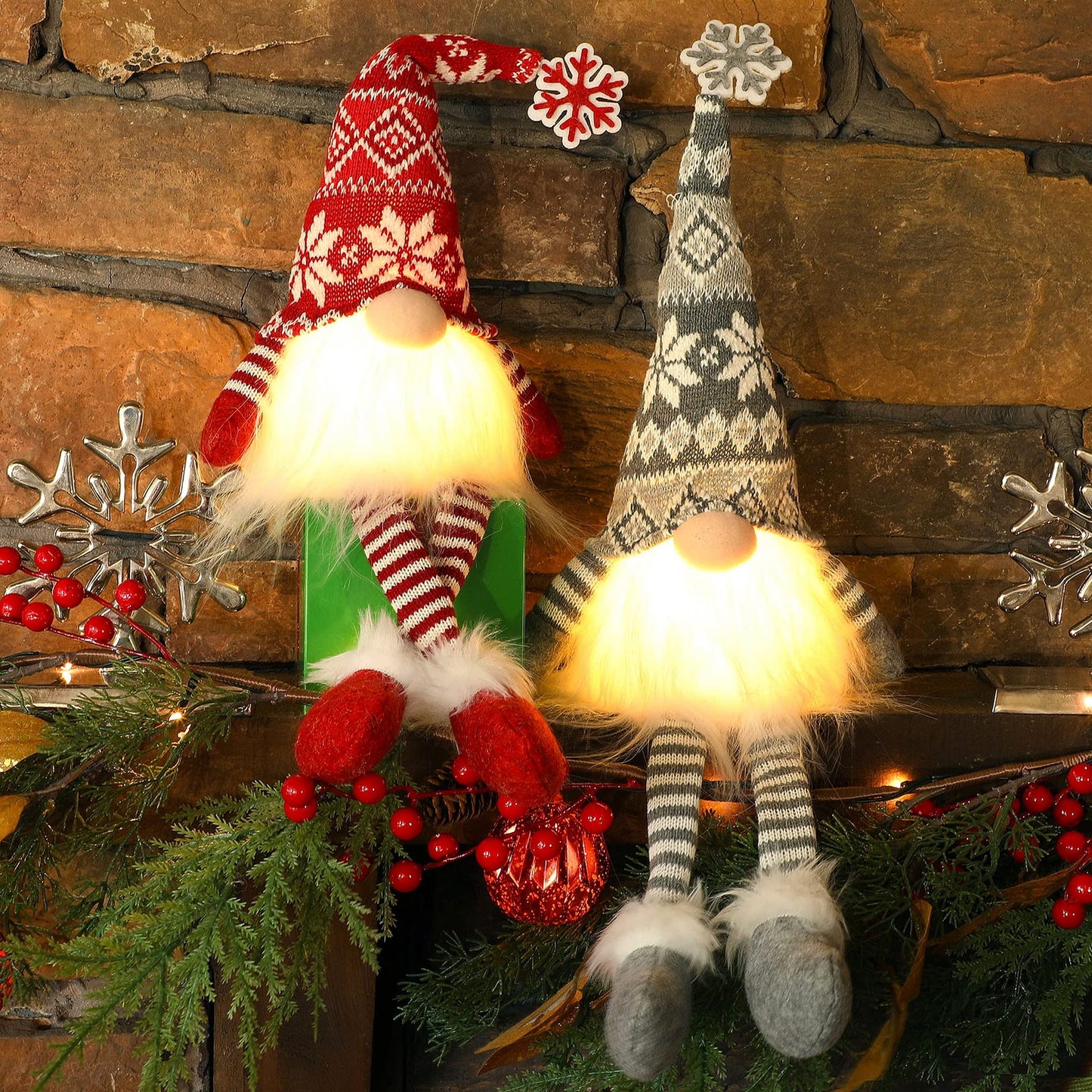 2 Pack Lighted Christmas Gnomes with Dangling Legs, 19.5Inch Handmade Scandinavian Swedish Tomte, Battery Operated Winter Tabletop Christmas Decorations Collectible Figurines
