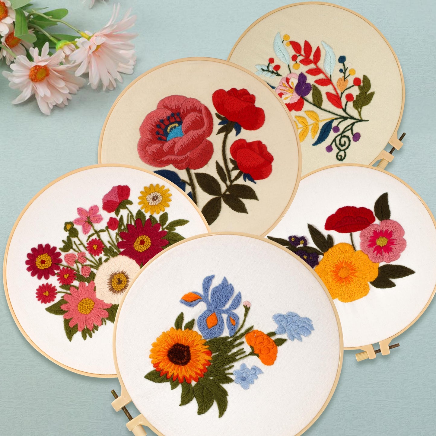 Maydear Complete Embroidery Starter Kit for Beginners - 5 Sets Punch Needle Set with Patterns, Hoops, Threads & Stitch Practice Guide for Adults, DIY Hand Embroidery Craft Kit