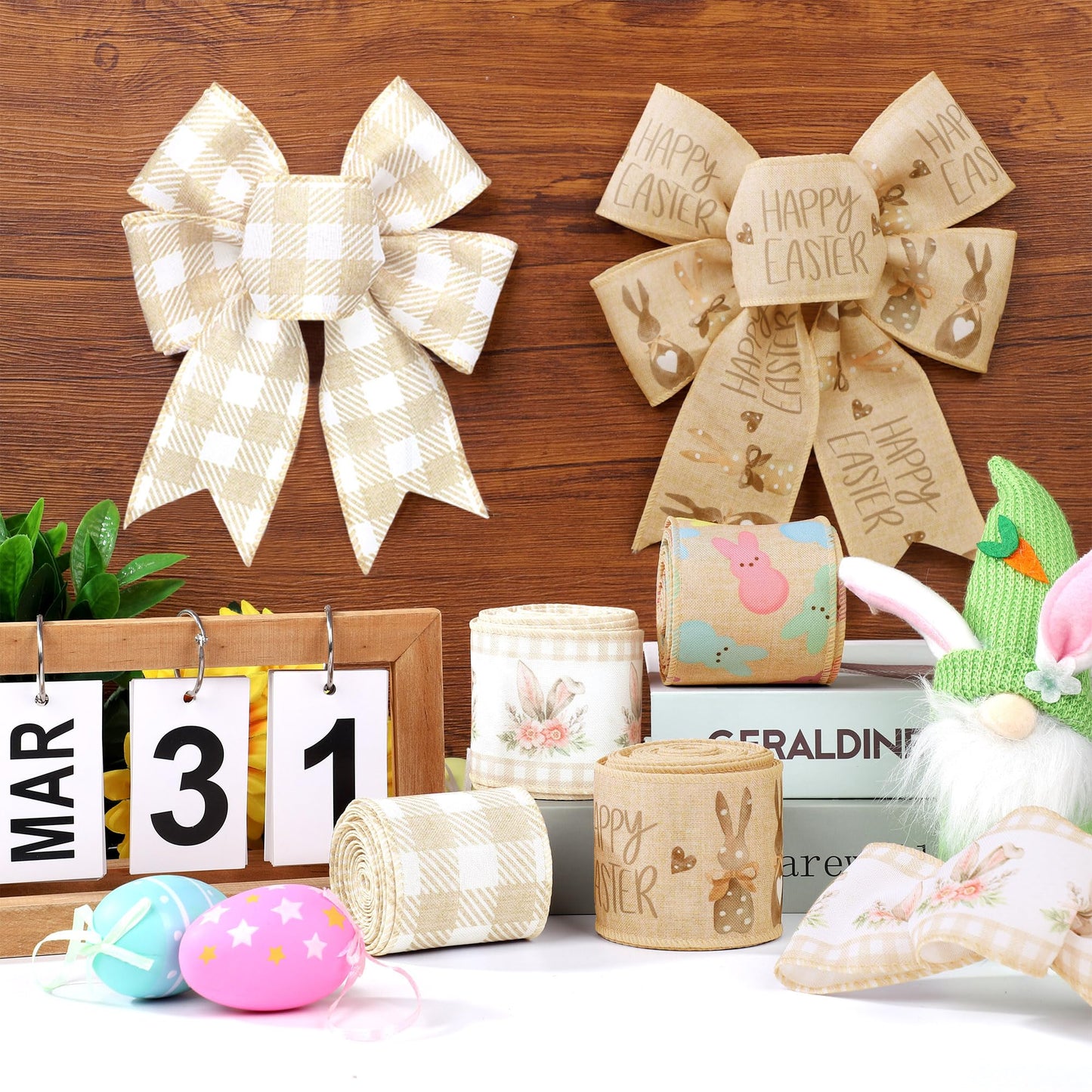 Easter Wired Edge Ribbon Farmhouse Bunny Burlap Ribbons 2.5" Plaid Rustic Peeps Wired Ribbon for Easter Holiday Gift Wrapping Wreath Bow Decor DIY Craft, 24 Yards