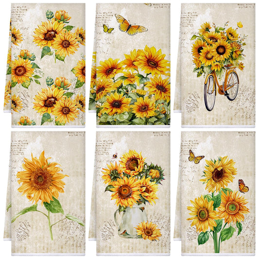 Bencailor 6 Pcs Sunflower Kitchen Towels Decorative Sets Dish Towels Absorbent Fast Drying Hand Tea Vintage Hanging Reusable Cleaning Dishcloths for Cooking Farmhouse Bathroom Accessory