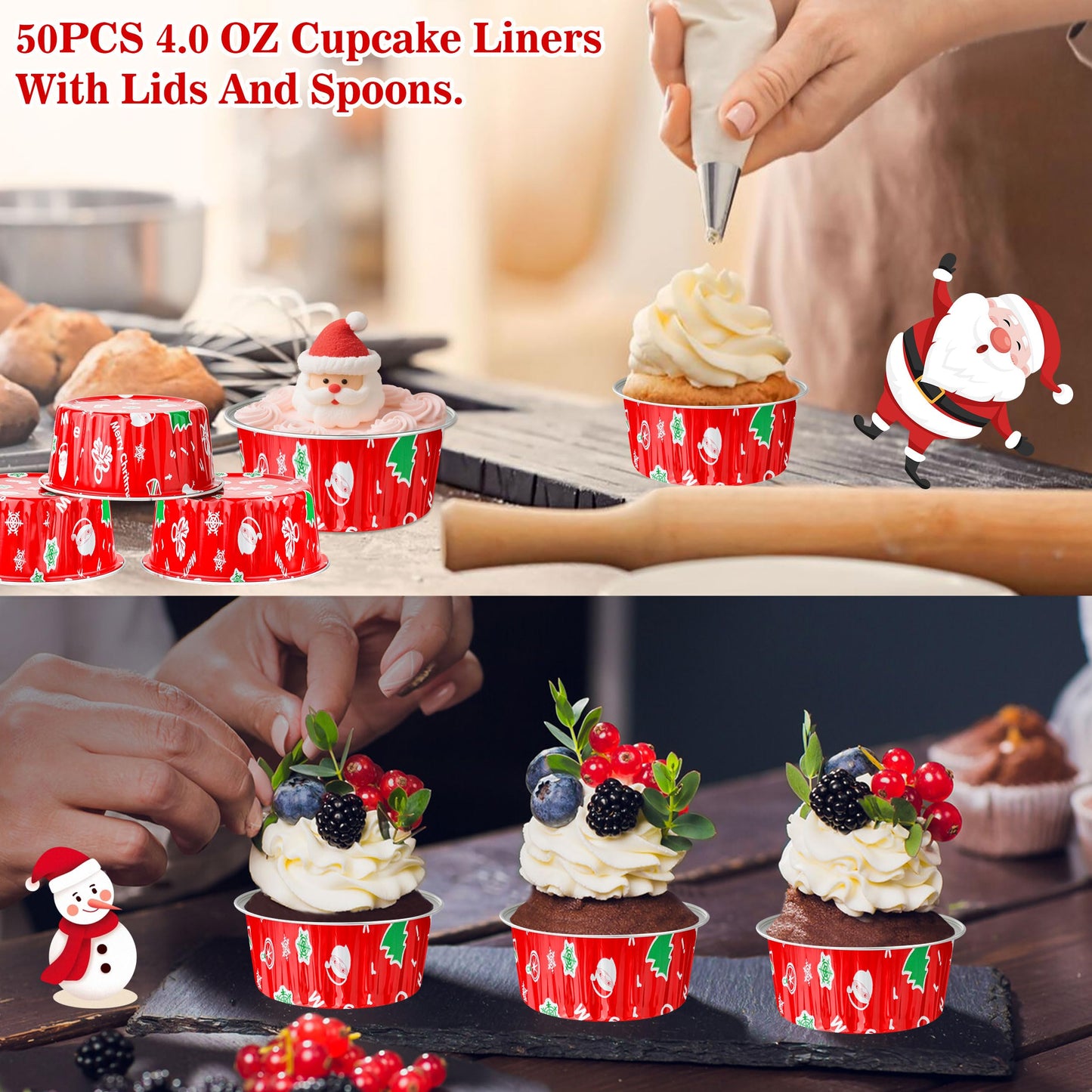 Mini Cake Pans, 50PCS 4OZ Aluminum Foil Baking Cups with Lids Disposable Ramekins Cupcake Containers Wrappers Aluminum Pans With Lids Cake Cups, Red Christmas