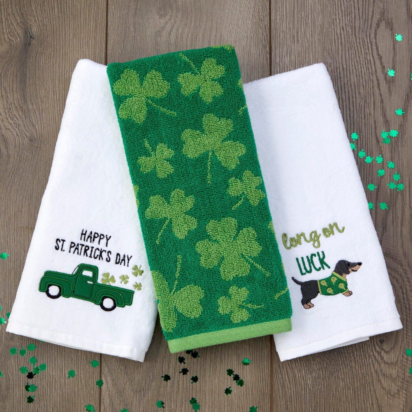 St. Patrick's Shamrock Hand Towel 2pc Set for Bath/Kitchen/Bar & Gift, Green
