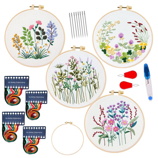 Maydear 4 Sets Embroidery kit,Embroidery Kit for Beginners Adults Punch Needle Kit Cross Stitch Kits with Embroidery Hoop and Instructions,Hand Embroidery Starter Kit (Flower)
