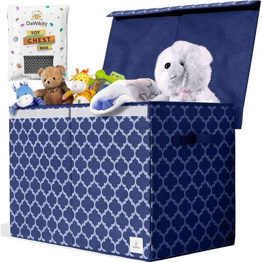 DaWikity Kids Toy Chest - Collapsible Storage Bin for Nursery, Bedroom, and Playroom - Toy Box with Lid, Hook-and-Loop Fastener - Spacious Compartment for Toddler Boys and Girls - 25"x16"x13", Navy