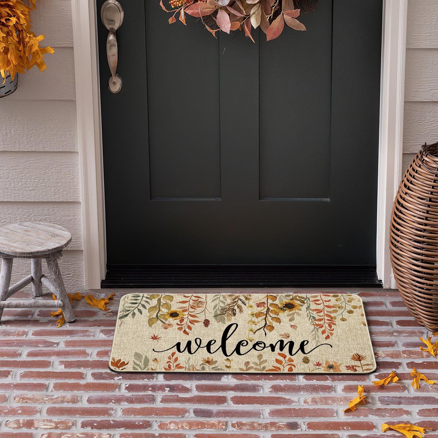 ORTIGIA Welcome Fall Doormat Eucalyptus Leaves Sunflowers Door Mats Indoor Outdoor Patio Non-Slip Durable Entrance FloorMat for Home, Outside, Yard, Patio 17x29.5 Inch