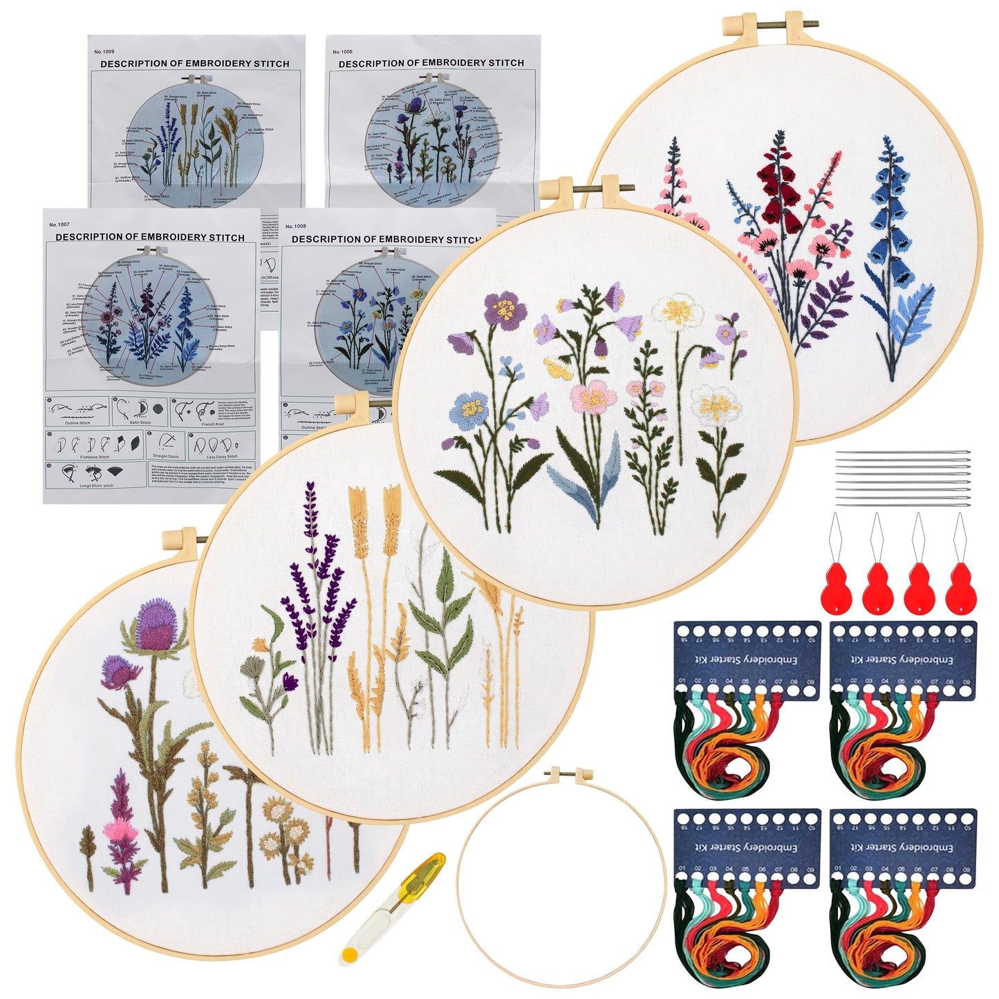 Maydear 4 Sets Embroidery Kit Punch Needle Kit,Embroidery Kit for Beginners Adults Cross Stitch Kits with Embroidery Hoop and Instructions, Hand Embroidery Starter Kit (Embroidery kit Flowers)