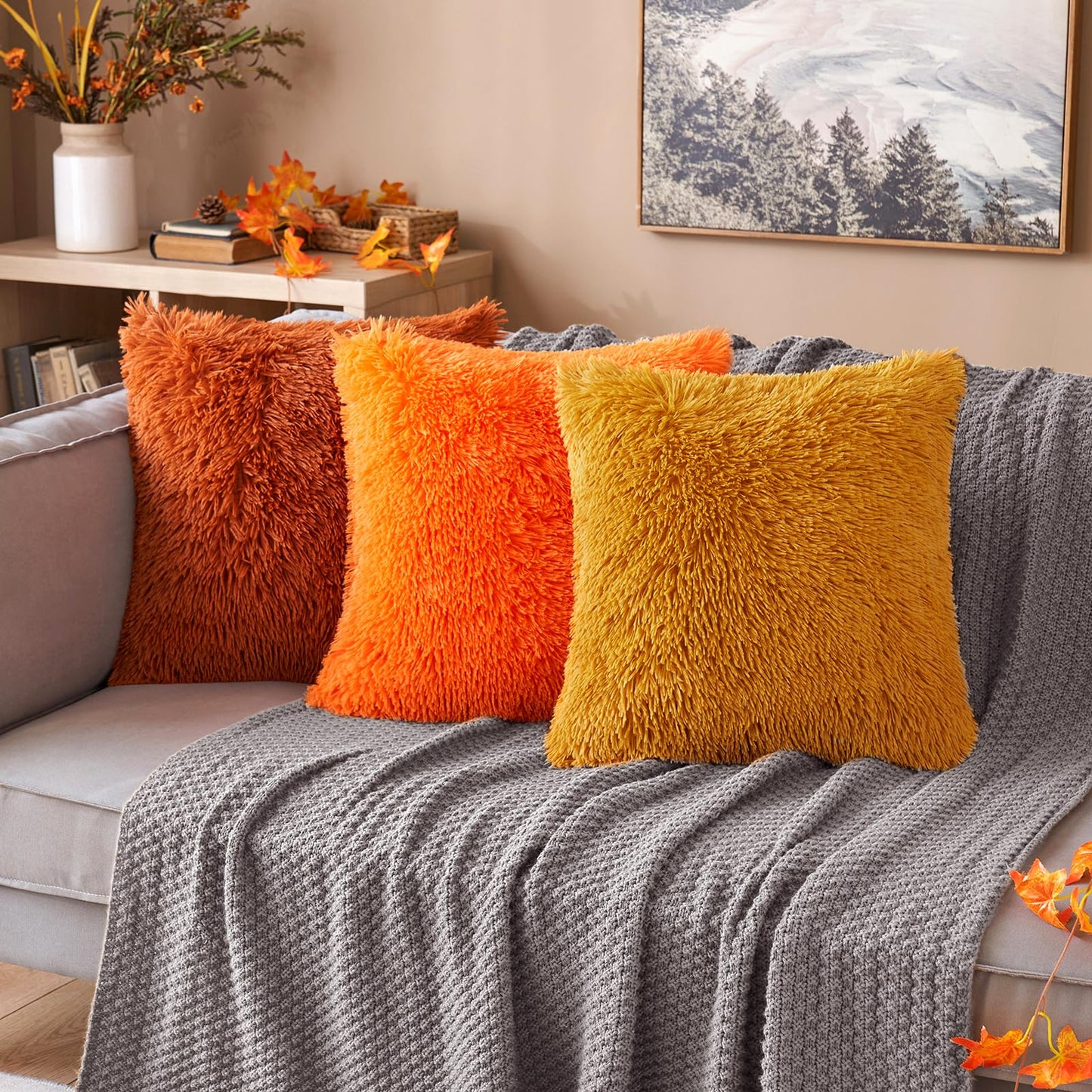 MIULEE Pack of 2 Luxury Faux Fur Throw Pillow Cover Deluxe Fall Decorative Plush Pillow Case Cushion Cover Shell for Sofa Bedroom Car 18x18 Inch Orange Halloween