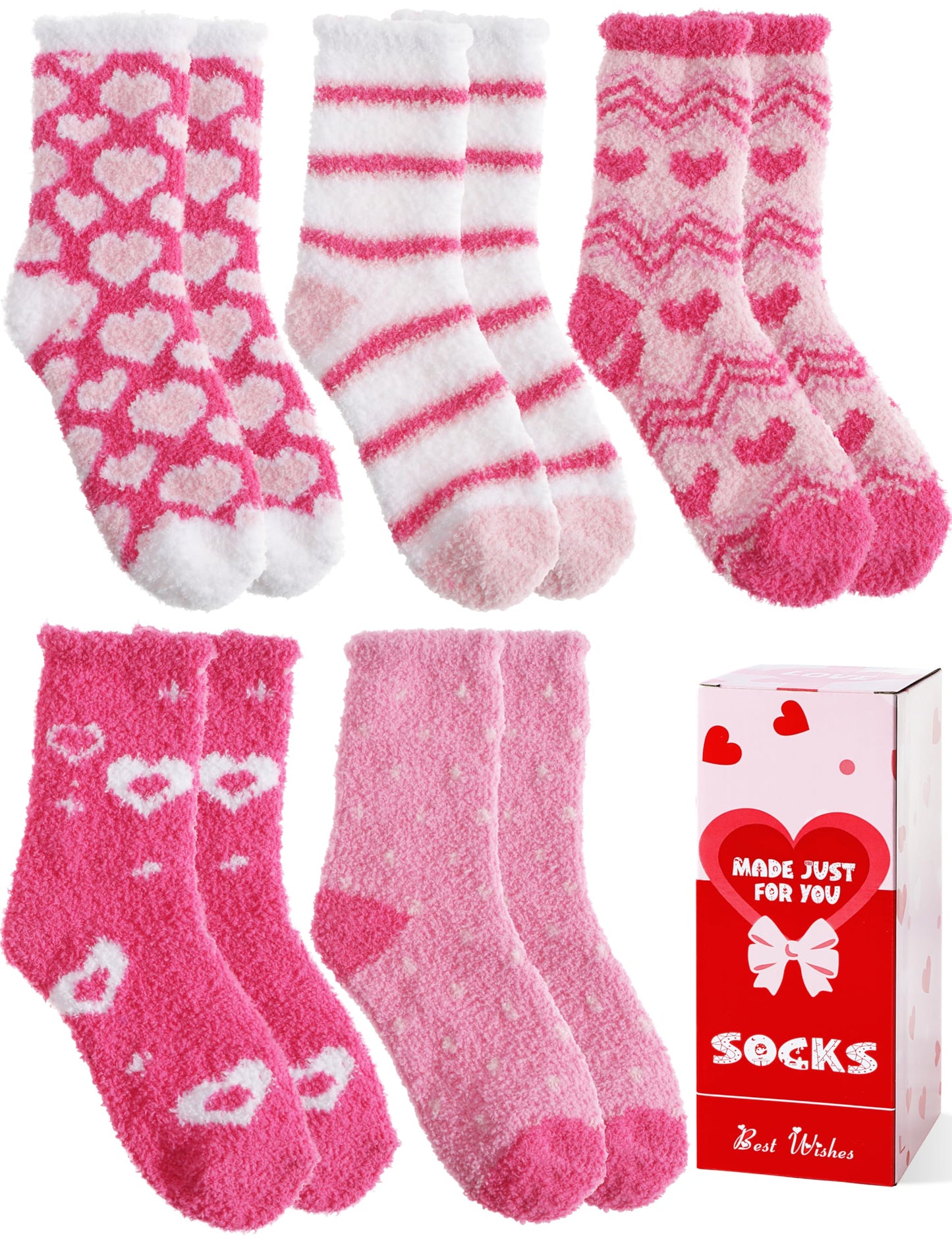 Fuzzy Socks for Women Galentines Day Gifts Fluffy Thick Warm Winter Soft Cozy Plush Fleece Sleep Home Cabin House Pink Heart Stocking Stuffers 5 Pairs(Pink Heart,M)