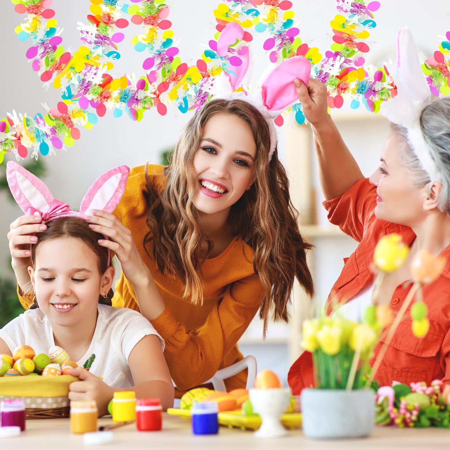 50FT Easter Tinsel Garland Hanging Streamers Decorations for Tree Stairs Mantle Hanging Oranment Outdoor Indoor Party Supplies (Rabbit)