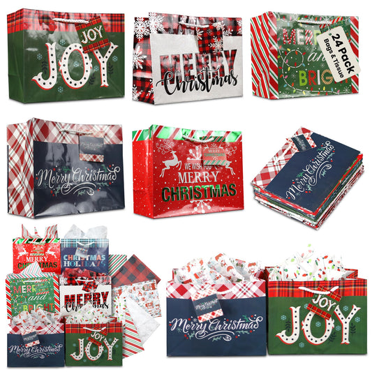 24-Pack Medium Christmas Gift Bags with Tissue Paper - Fun Bright Designs: Merry Christmas, Joy, Holidays - Printed Holiday Bags with Tags