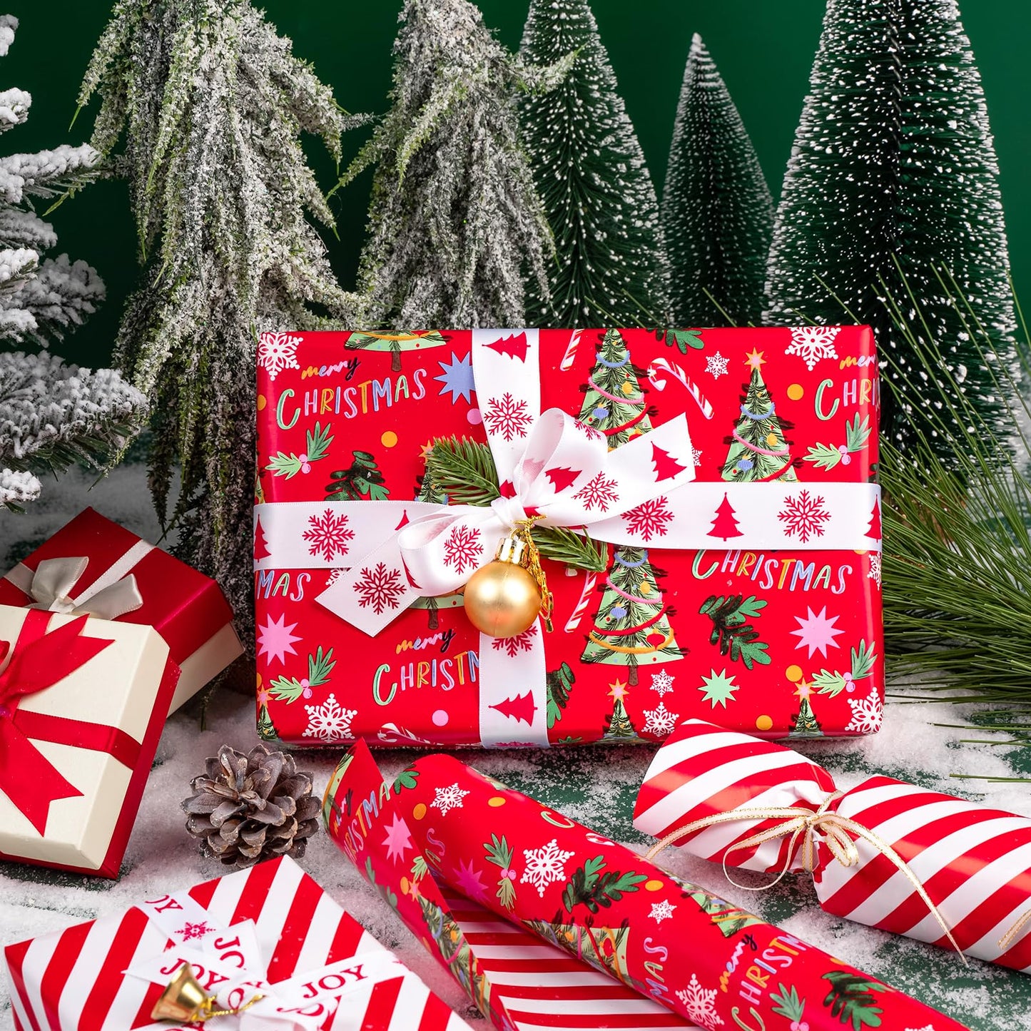 Reversible Christmas Wrapping Paper - Mini Roll - 17 Inch x 33 Feet - Red Christmas Tree Wrapping Paper and Stripe Design for Holiday, Party Celebration