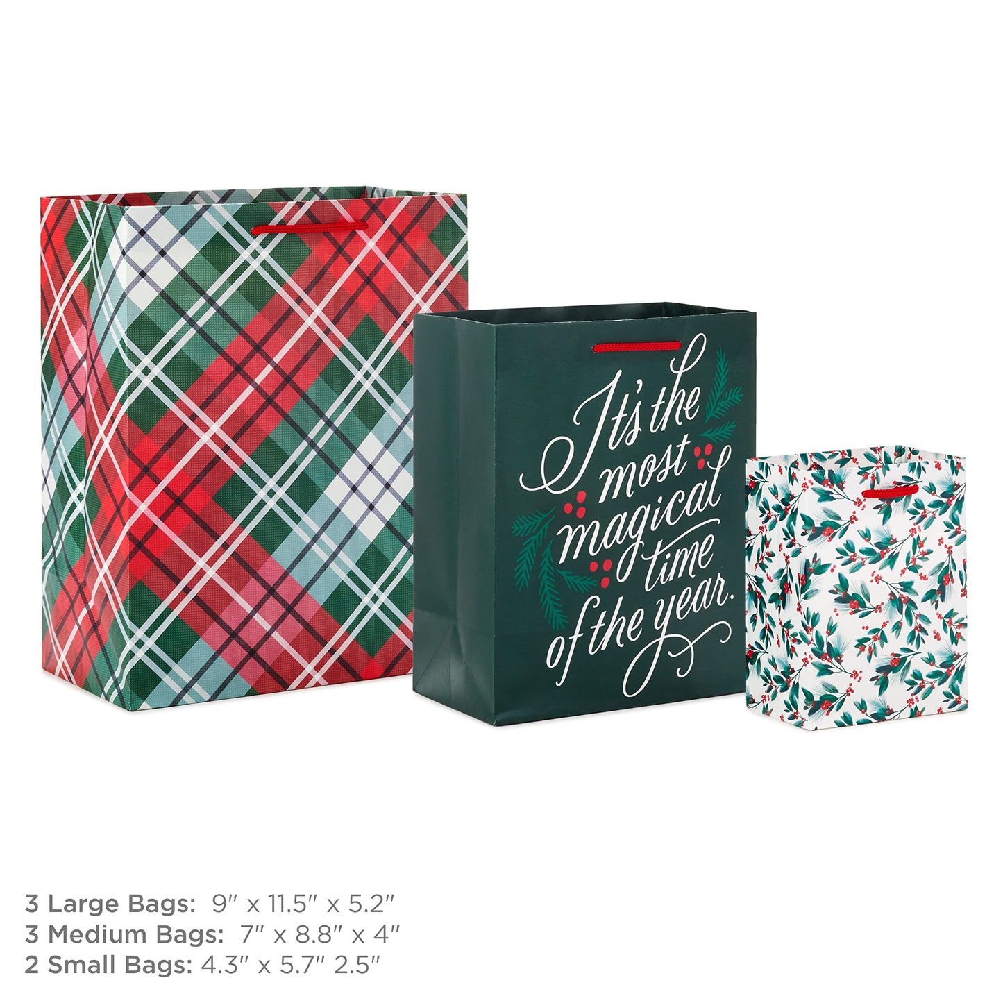 Assorted Christmas Gift Bag Bundle (8 Bags: 2 Small 5", 3 Medium 8", 3 Large 11") Classic Santa, Black and Red Plaid, Snowflakes, Holly