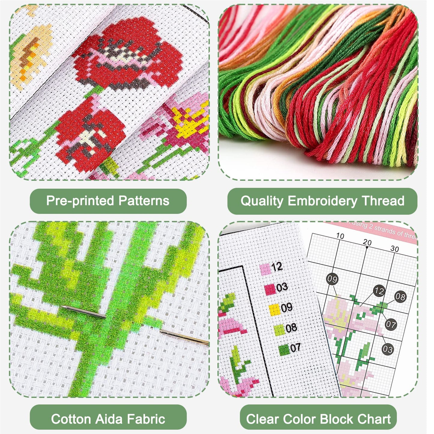 3 Pieces Cross Stitch Bookmark Kits, DIY Stamped Embroidery Bookmark Kit for Beginner Flower Patterns 14 Count Crossstitch Projects for Book Lovers