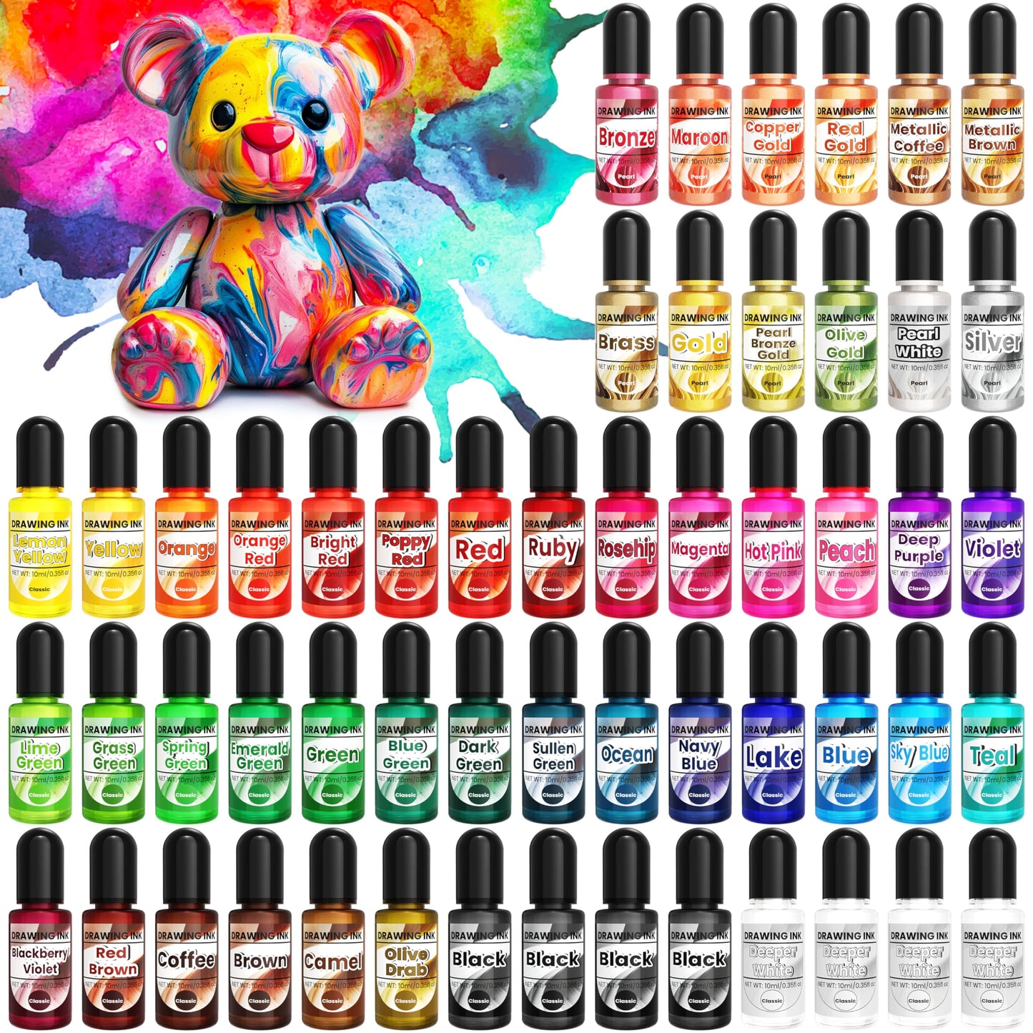 Alcohol Ink - 54 Vibrant Colors Alcohol Ink Set for Epoxy Resin, Pearl Colors Long Last Epoxy Dye for Resin Art, Tumblers, Petri Dish Making, Painting - Safe and Non Toxic - 10ml