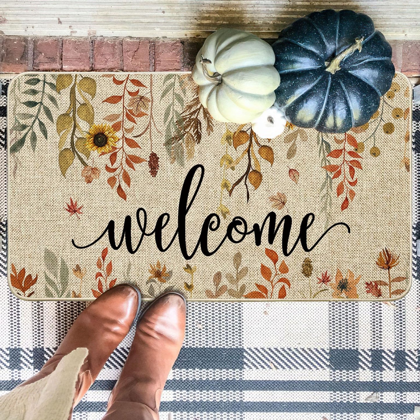 ORTIGIA Welcome Fall Doormat Eucalyptus Leaves Sunflowers Door Mats Indoor Outdoor Patio Non-Slip Durable Entrance FloorMat for Home, Outside, Yard, Patio 17x29.5 Inch