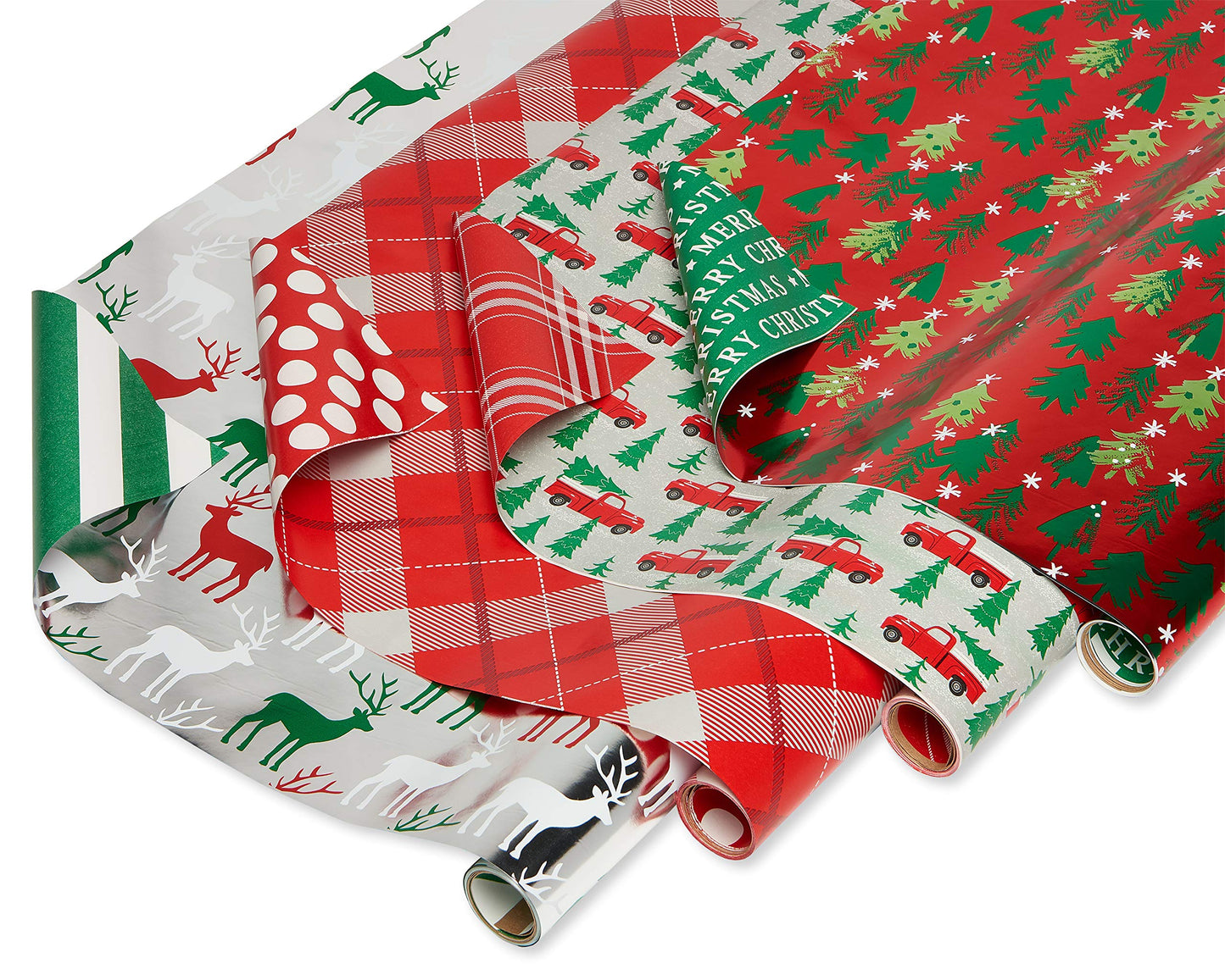 Reversible Christmas Wrapping Paper Rolls, Silver and Red Holiday Gift Wrap (120 sq. ft., 4 Rolls-30 in. x 12 ft.) Little Red Truck Hauling a Christmas Tree, Reindeer, Plaid