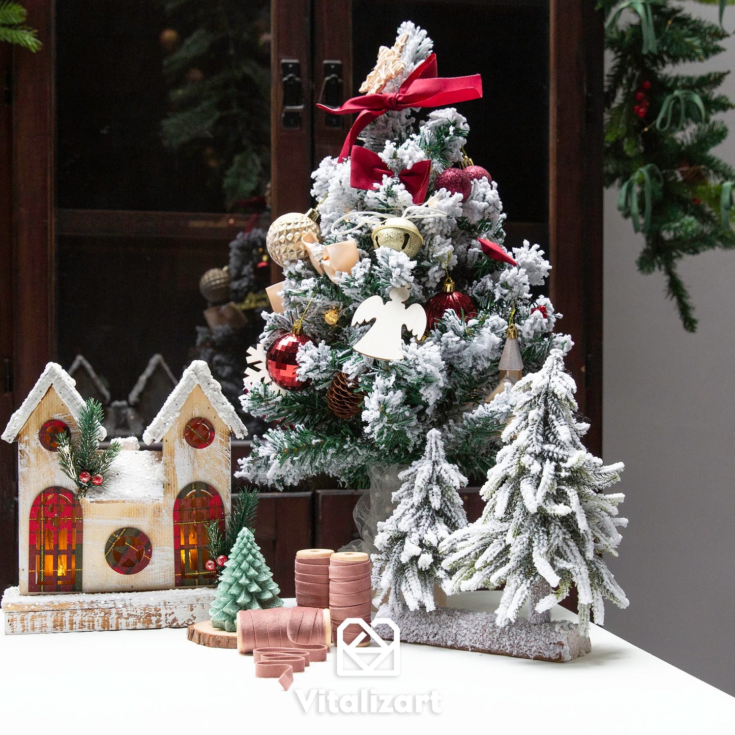 Vitalizart Rose Gold Velvet Ribbon Set 3/8"" x 15Yd Wooden Spool Fabric Trim Eco-Friendly 3 Rolls * 5Yd for Christmas Wreath Decoration Handmade Craft Ornaments Gift Wrapping & Bow Making