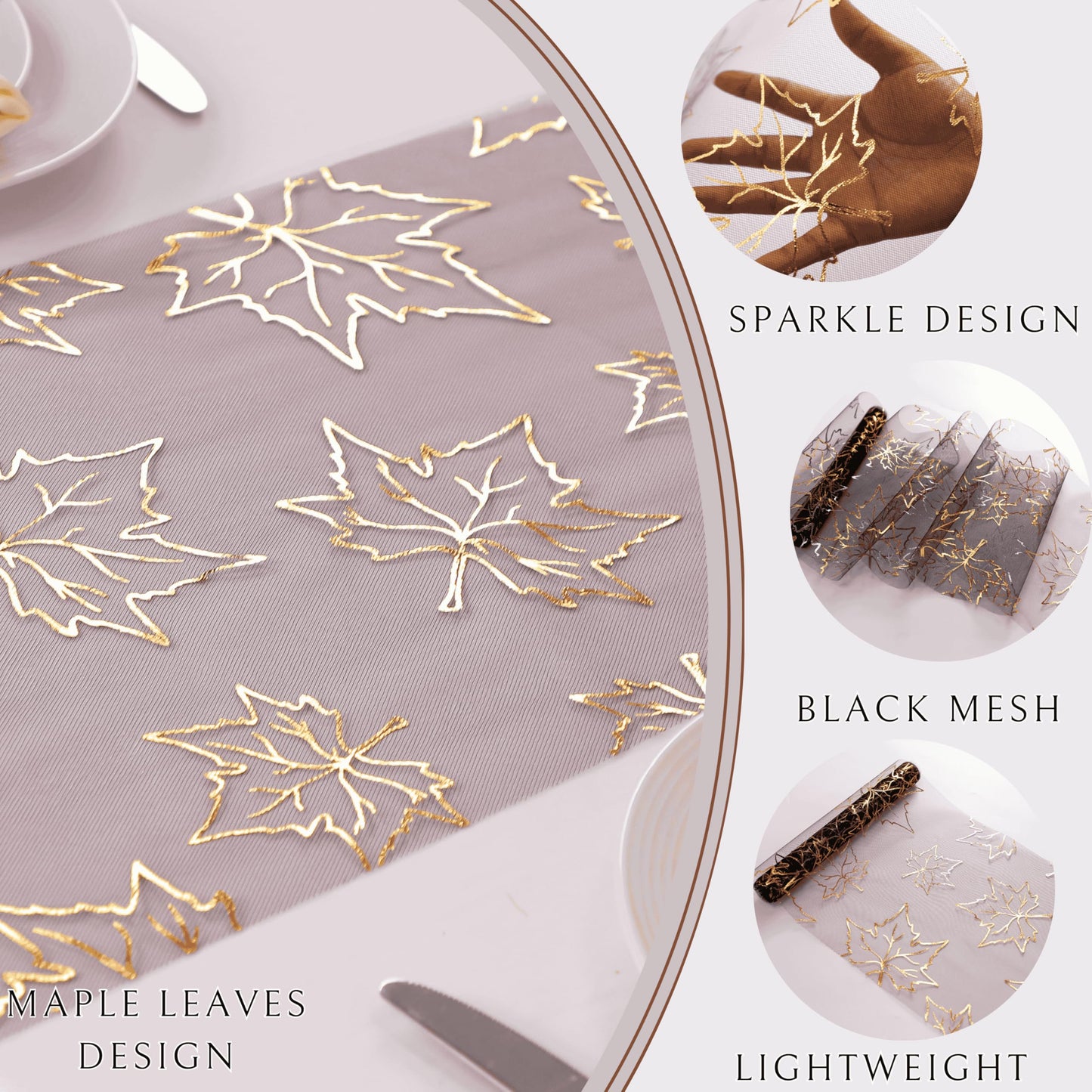 Fall Table Runners, Gold Maple Leaves Thanksgiving Table Decorations for Autumn Harvest Sequin Glitter Lightweight Black Thin Mesh Sparkle Farmhouse Dining Party Decor 120 Inch